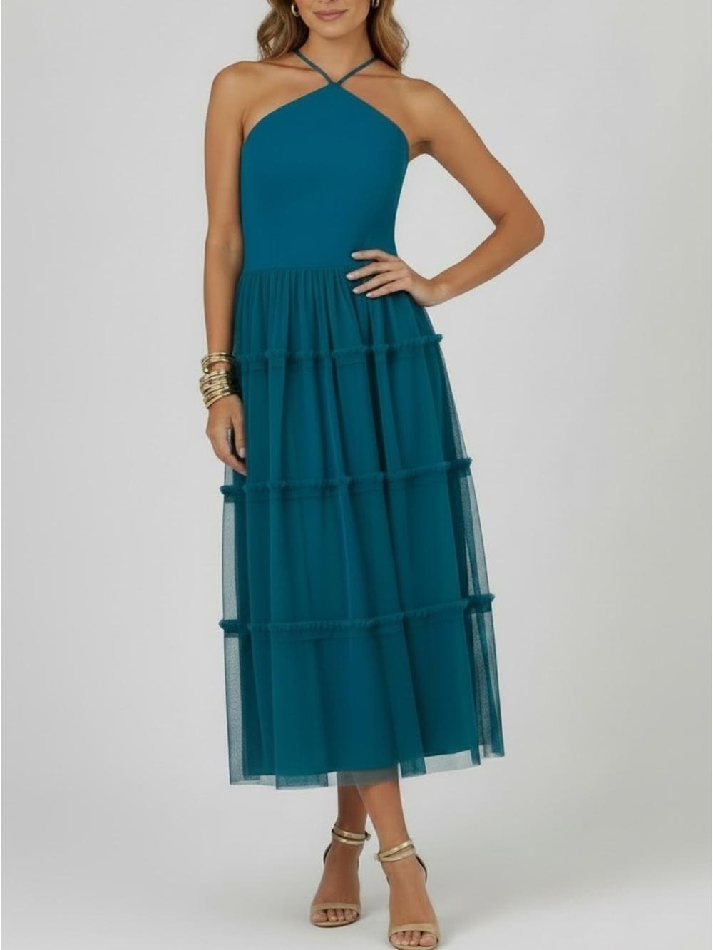 NWT ADRIANNA PAPELL Teal Sleeveless Halter Neck Tiered Mesh Ruffle Dress Size 10